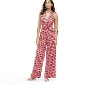 Diane von Furstenberg Women's Sleeveless Collared Jumpsuit, Modern Geo Pink Sz M